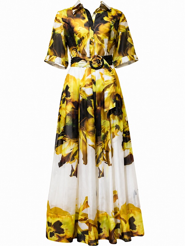 【新品DRESS 1924】襟付きシャツカラー大判花柄ミモレ丈フレアロングドレス イエロー【KAREN MILLEN】
